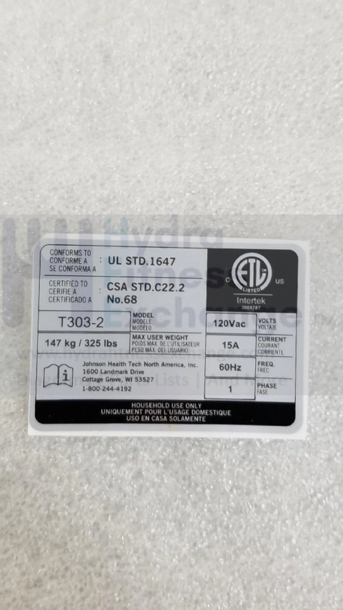 Horizon Fitness T303-2 TM761 TM1004 Treadmill Specific Label 1000441834 - Image 2
