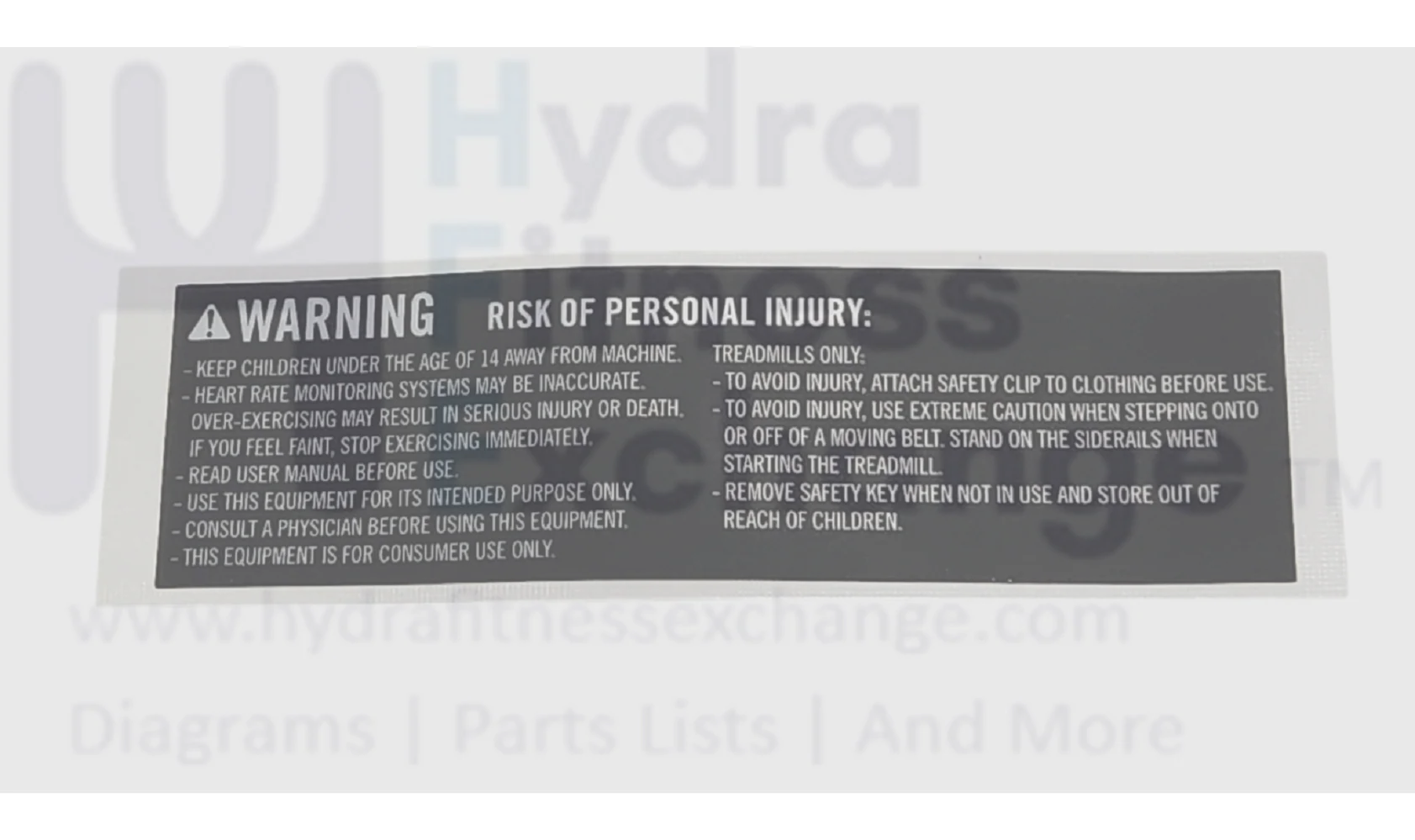 Horizon Fitness TM1020 PTM1020 PTM1020B TM1030 TM1030B Treadmill Overlay Operation Warning English Label 1000469102
