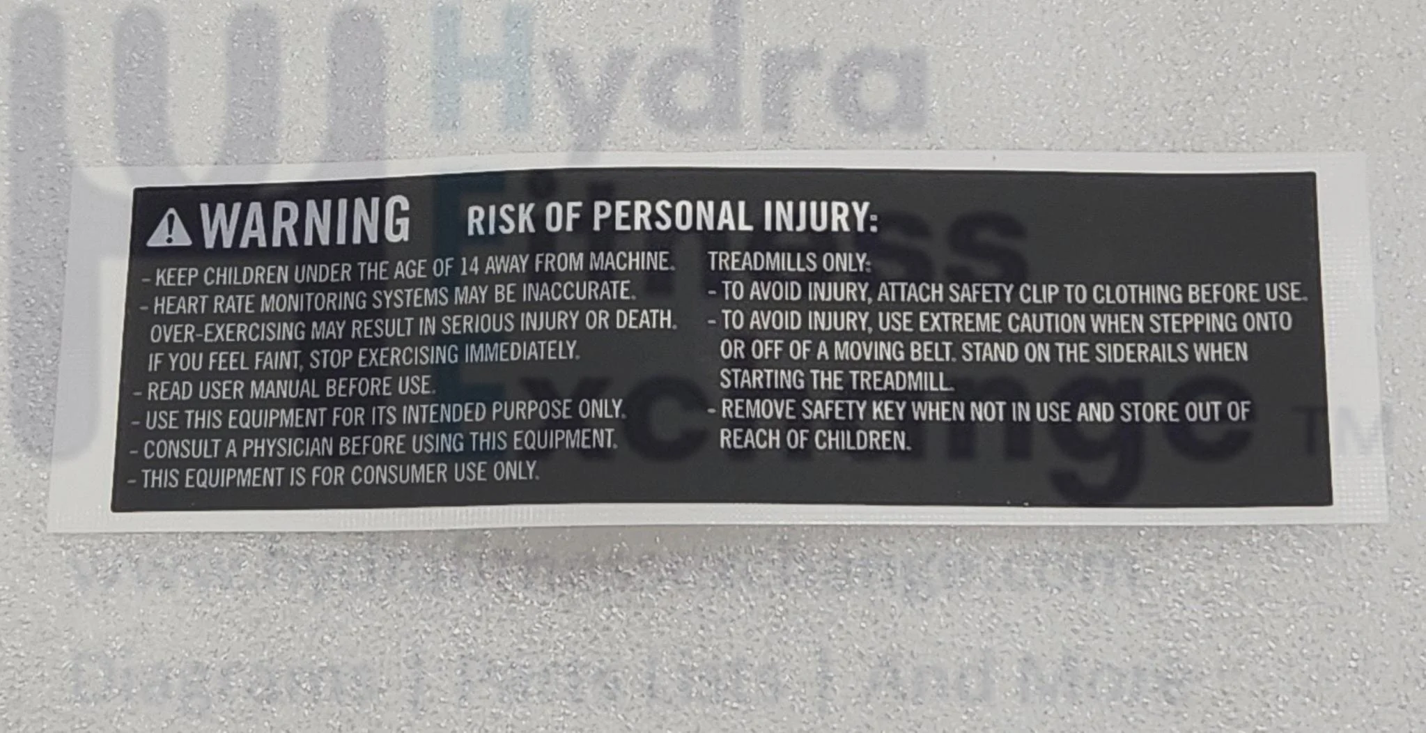 Horizon Fitness TM1020 PTM1020 PTM1020B TM1030 TM1030B Treadmill Overlay Operation Warning English Label 1000469102 - Image 2