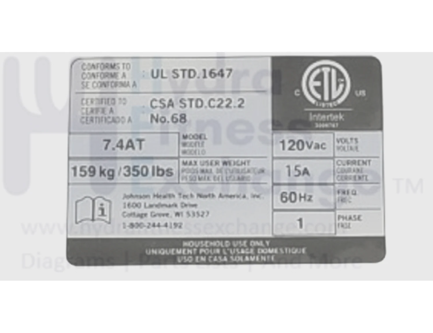 Horizon Fitness TM499 TM746 TM746B TM499B Treadmill ETL Specification English Label 1000438020