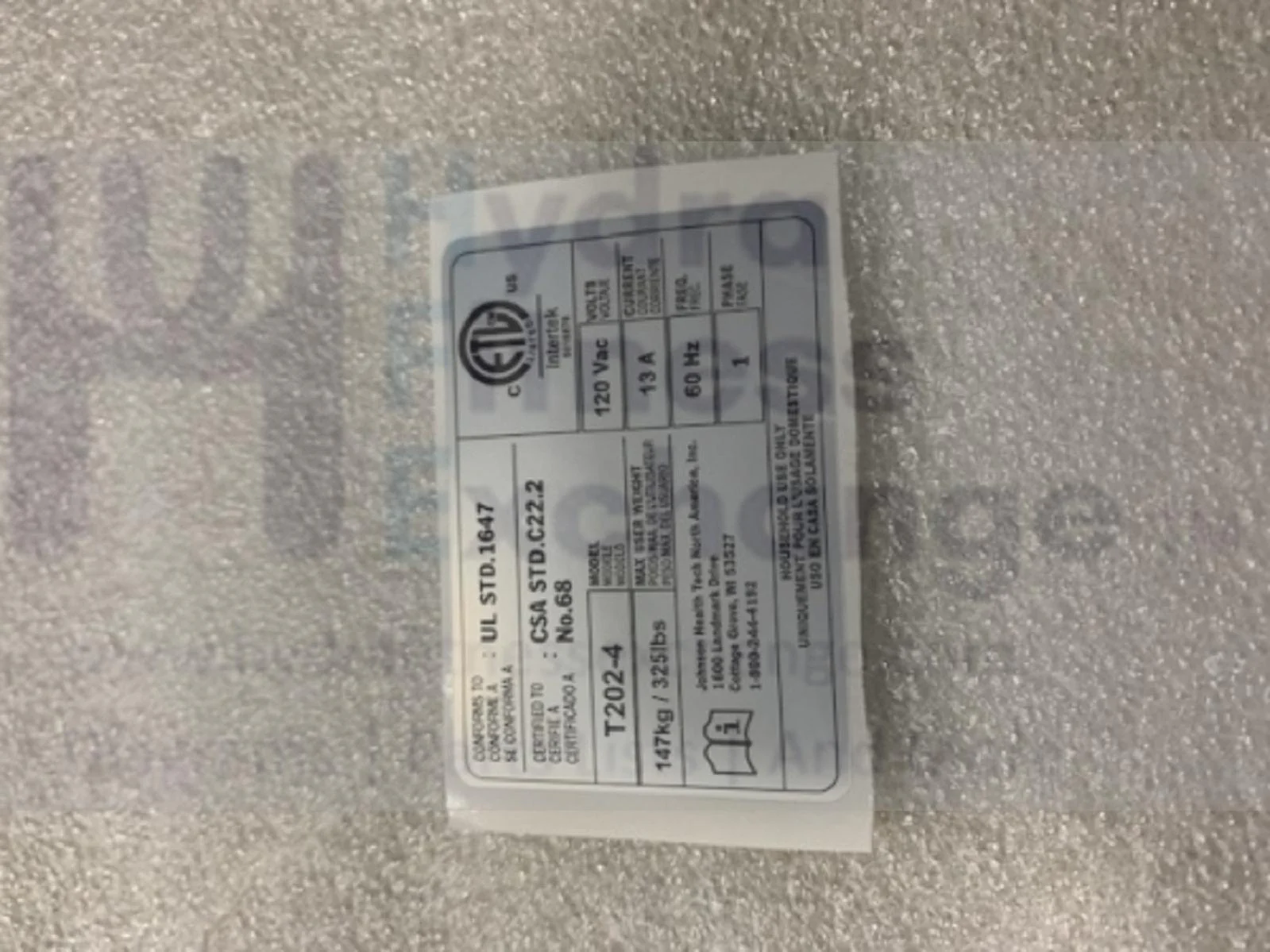 Horizon Fitness T202-4 | TM726 | TM492 Treadmill ETL Special Label 1000449817 - Image 2