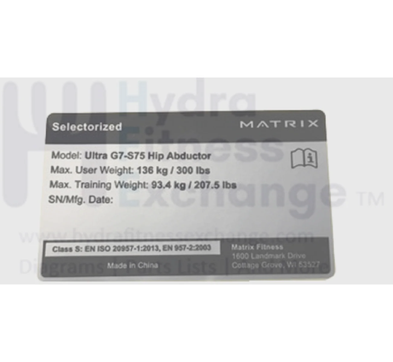 Matrix Fitness G7GM115 GM115F GM215B G7GM115G Strength System PETP English Label 1000411313