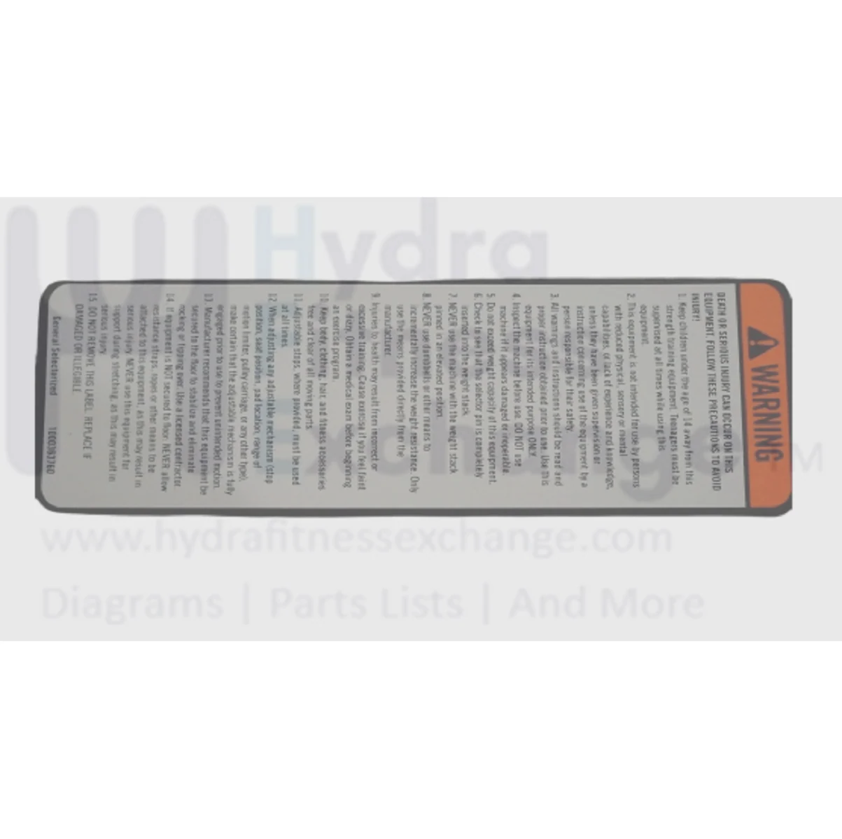 Matrix Fitness Strength System Frame Warning Label PC English 1000363760