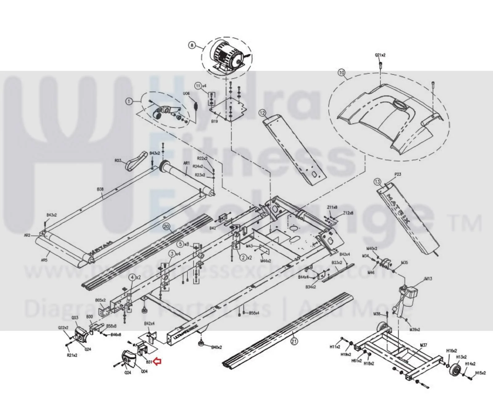 Used Matrix Fitness T1x T1xe T3x T3xe Treadmill Right Rear Roller Bracket 0000089044 - Image 2