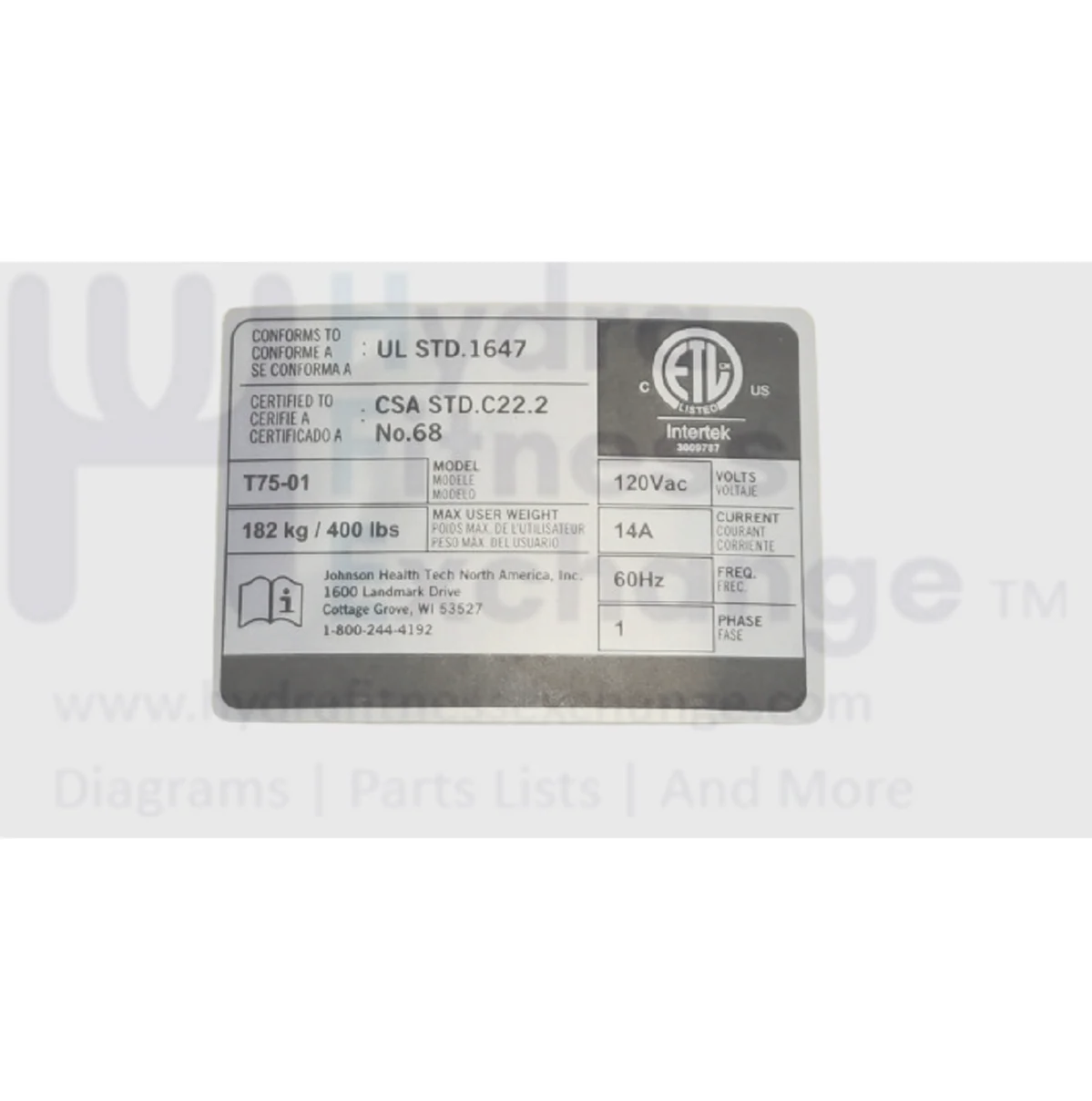 Matrix Retail CTM698 CTM699 CTM697 Treadmill ETL Decal 1000404853
