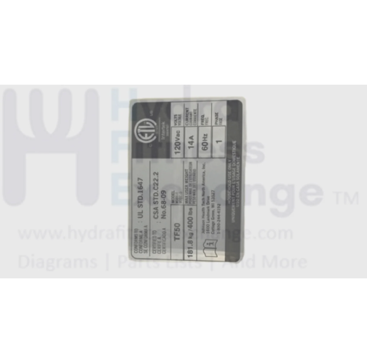 Matrix Retail TF50-03 TM768 TM1024 Treadmill ETL Special Label 1000377652