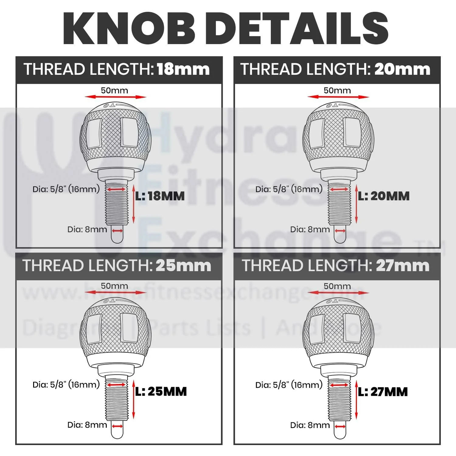 Seat pop pin knob Size 1" (50mm) Thread of pin M16 (5/8") Fine Thread Pin Diameter: 5/16" (8mm) - Image 7
