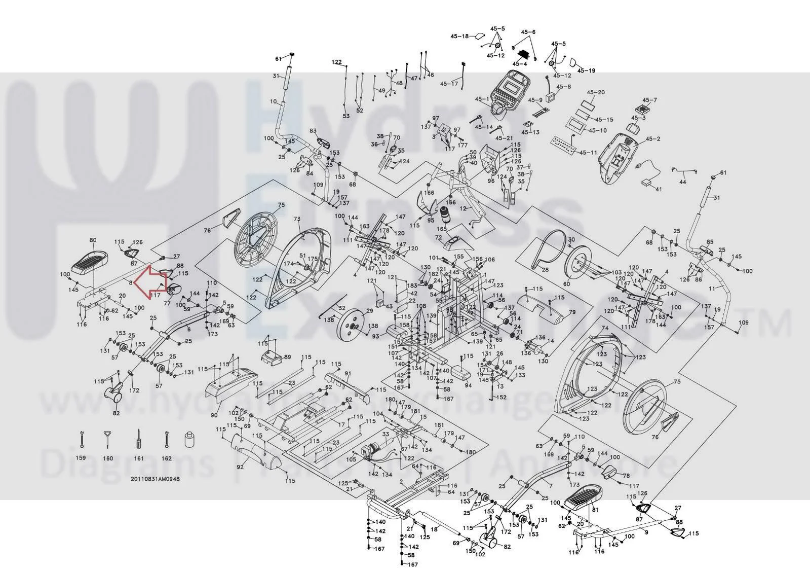 Sole AE25 (525010) Elliptical Left Pedal Connecting Arm Assembly RBB050083B-Q2 - Image 2