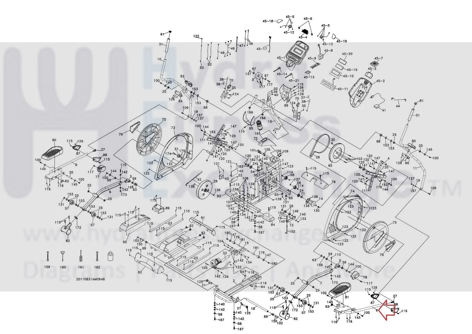 Sole AE25 (525010) Elliptical Right Foot Pedal Arm Assembly RBB050082A-Q2 - Image 2