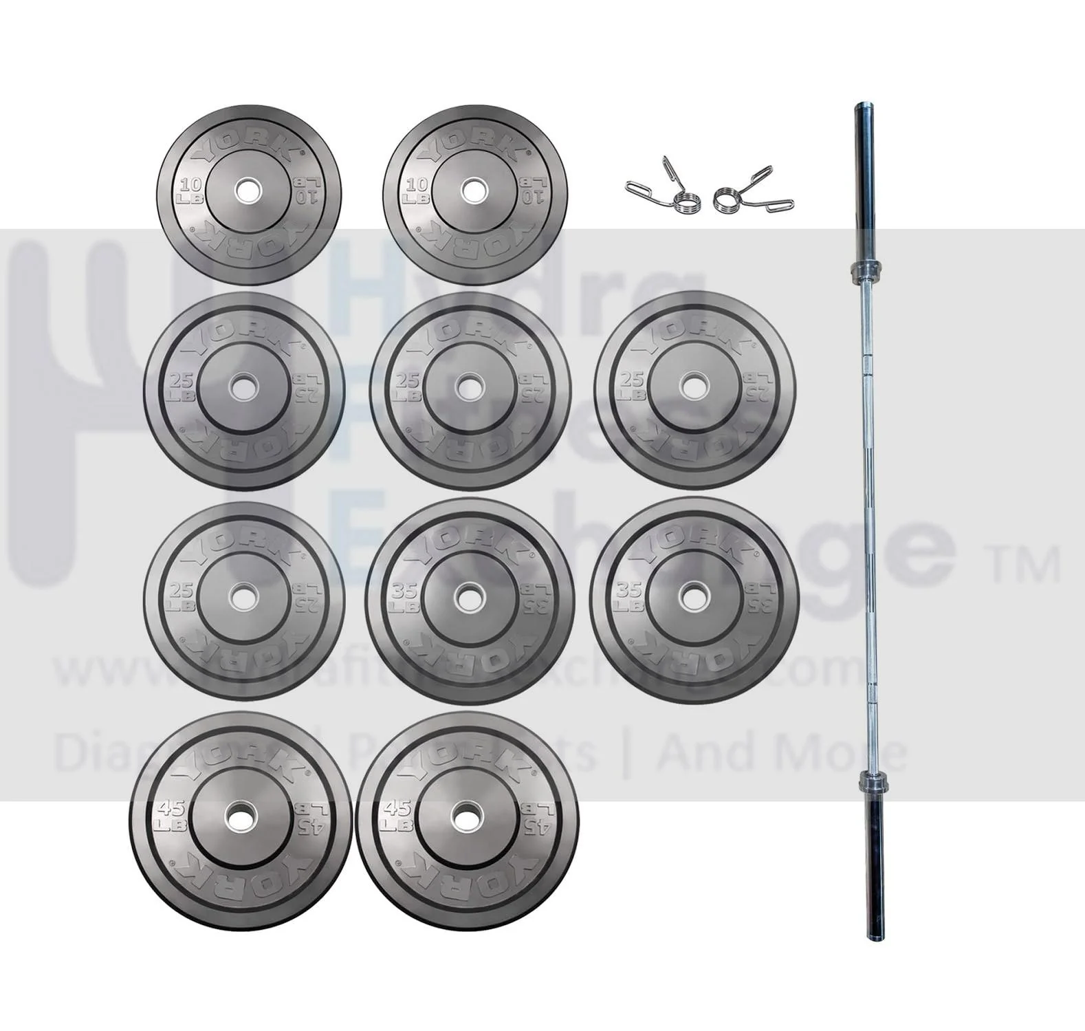York Barbell 325 lb Rubber Training Bumper Plate Set with 20kg Men’s Needle Bearing Olympic Barbell – Durable Solid Rubber Plates, Steel Sleeves, and Spring Collars – Olympic Weightlifting - Gray