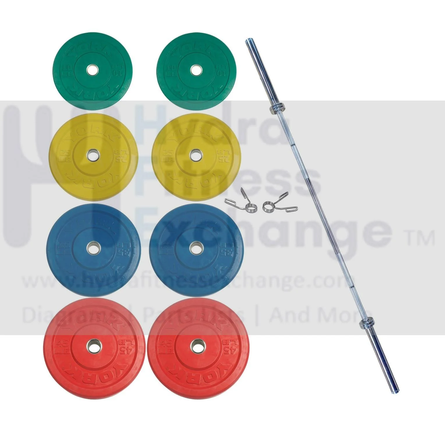 York Barbell 325 lb Rubber Training Bumper Plate Set with 20kg Men’s Needle Bearing Olympic Barbell – Durable Solid Rubber Plates, Steel Sleeves, and Spring Collars – Olympic Weightlifting Multicolor