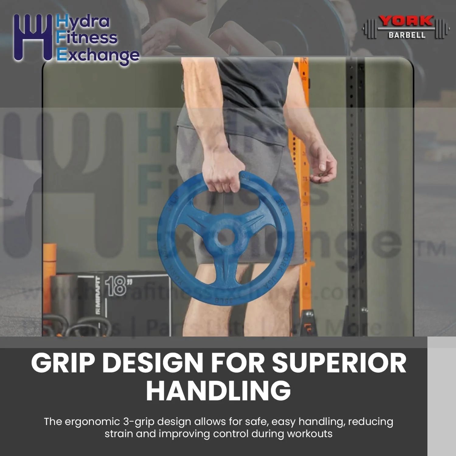 York Barbell Bumper Grip Cast Steel Composite Milled Plate – 3-Grip Design for Easy Handling – Rubber-Coated for Floor Protection – Durable Aluminum Steel Composite Hub – Blue in 35 lb - Image 6