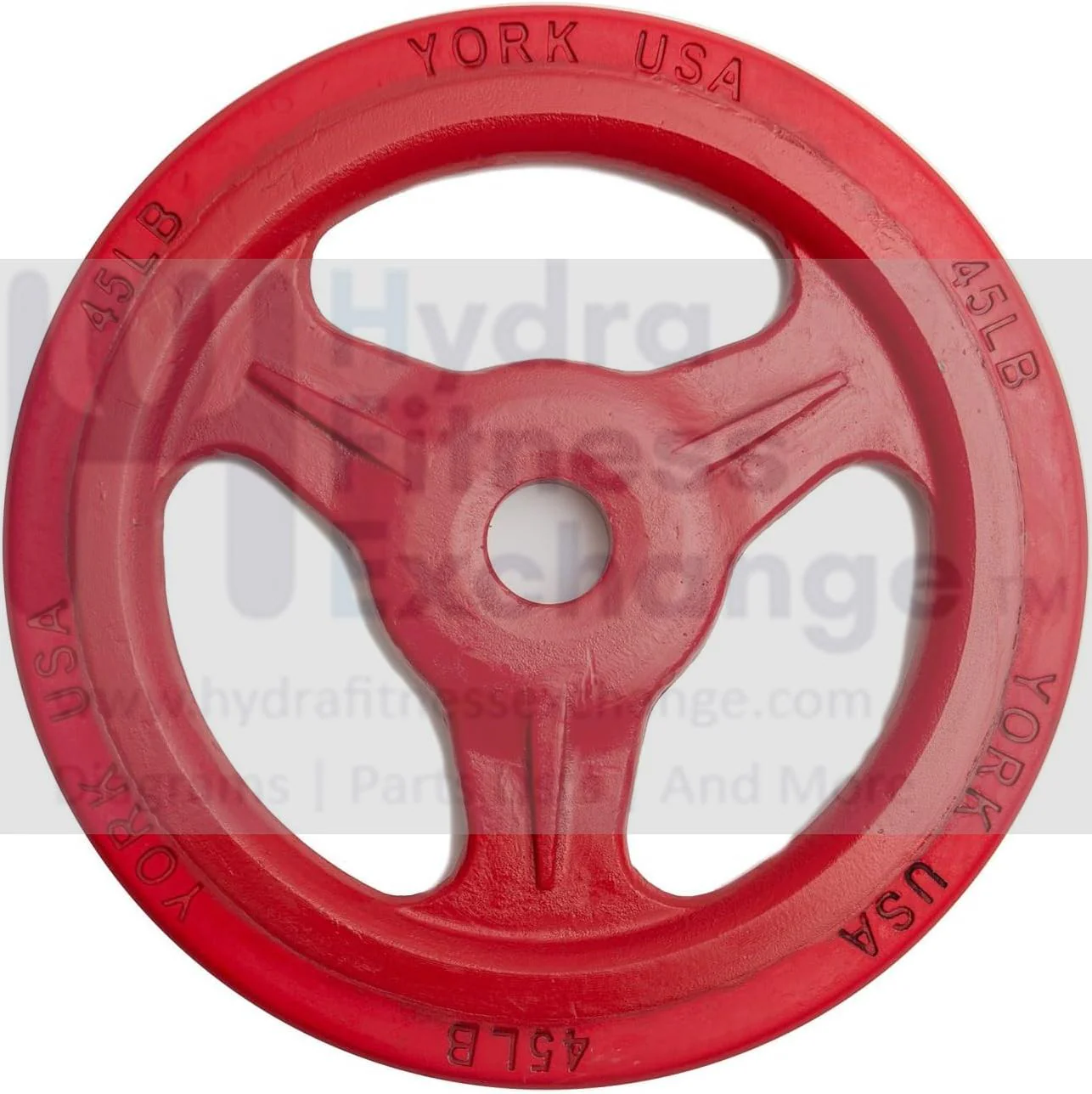 York Barbell Bumper Grip Cast Steel Composite Milled Plate – 3-Grip Design for Easy Handling – Rubber-Coated for Floor Protection – Durable Aluminum Steel Composite Hub – Red in 45 lb