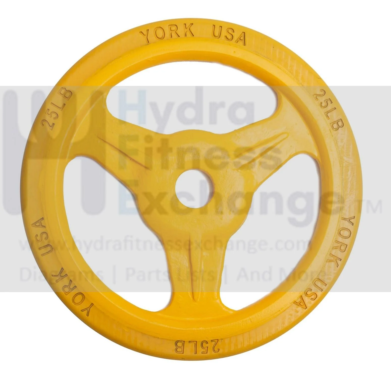 York Barbell Bumper Grip Cast Steel Composite Milled Plate – 3-Grip Design for Easy Handling – Rubber-Coated for Floor Protection – Durable Aluminum Steel Composite Hub – Yellow in 25 lb