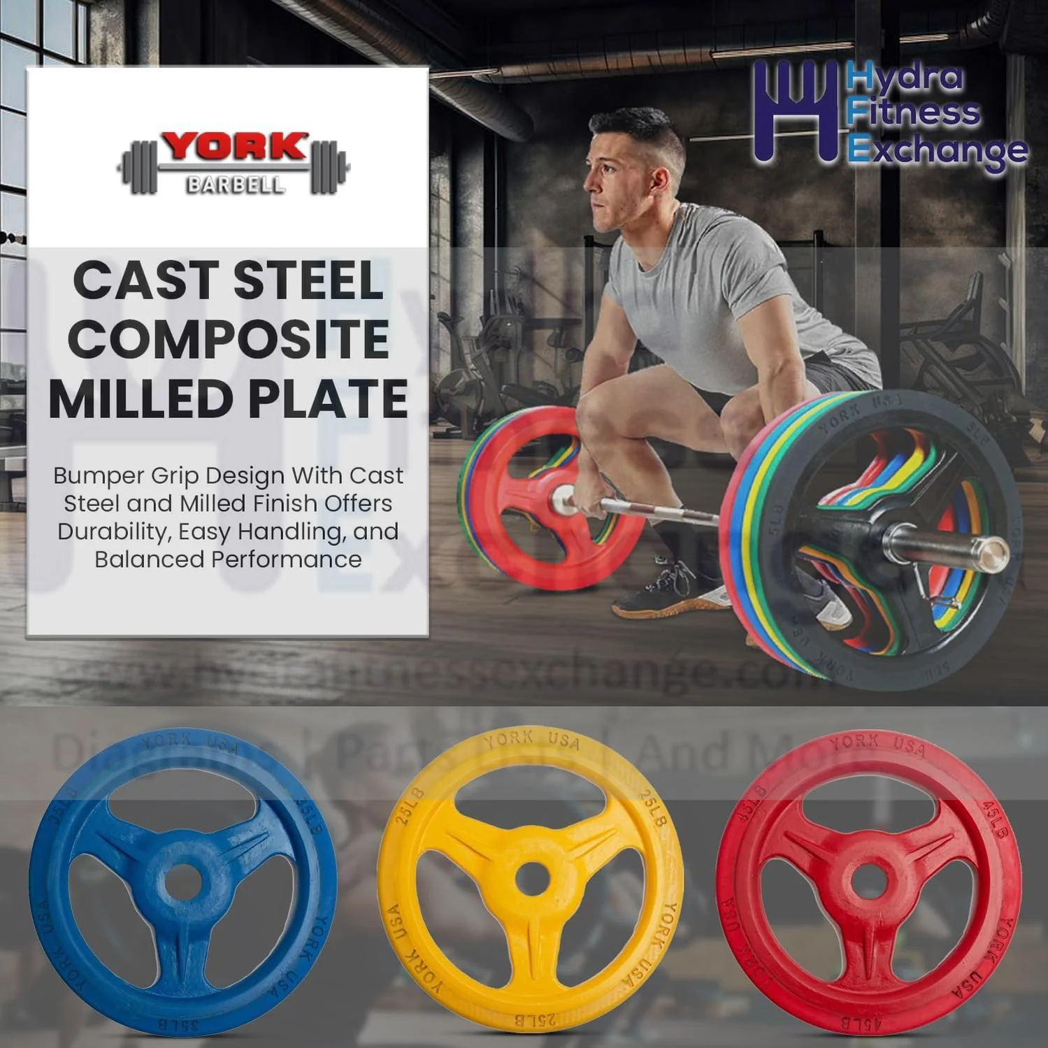 York Barbell Bumper Grip Cast Steel Composite Milled Plate – 3-Grip Design for Easy Handling – Rubber-Coated for Floor Protection – Durable Aluminum Steel Composite Hub – Yellow in 25 lb - Image 3