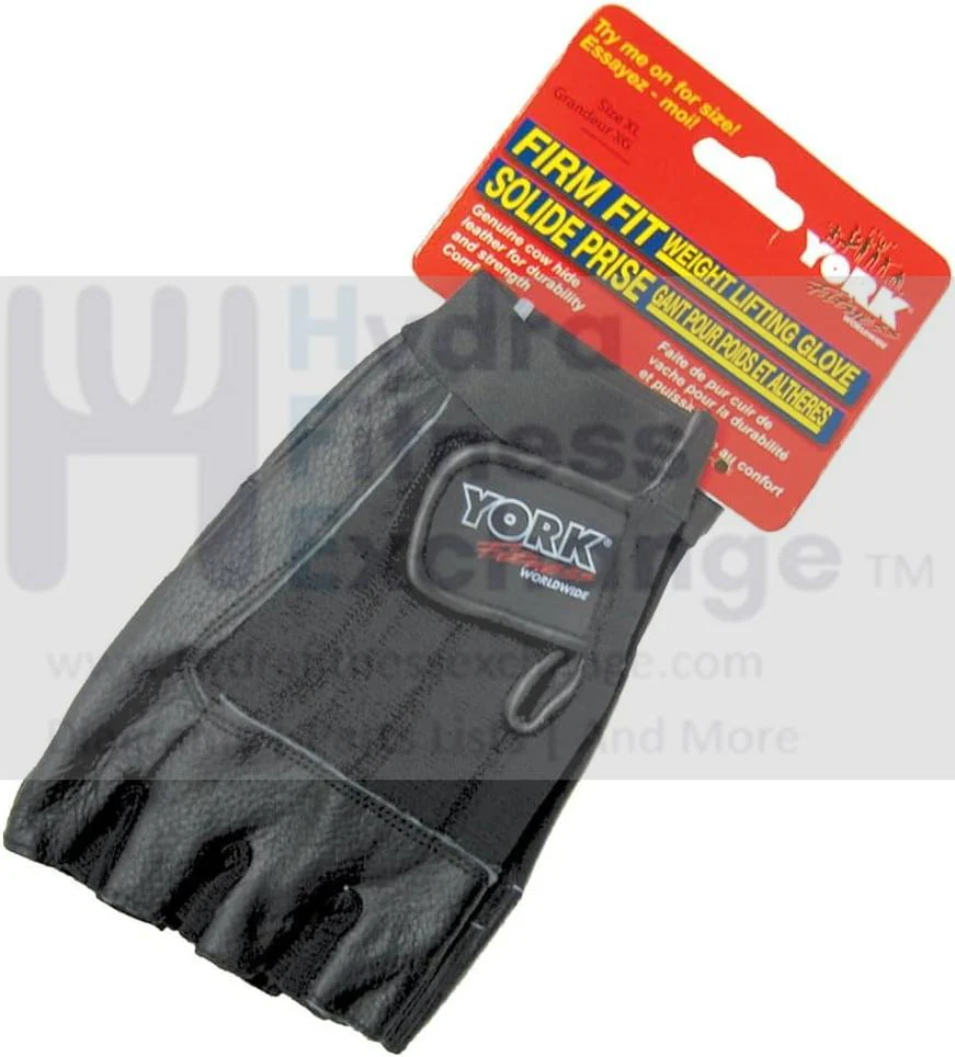 York Barbell Firm Fit Weight Lifting Gloves Pair - Black (S, M, L, SL) - Fingerless Cow Hide Leather, Spandex Back Elastic Wrist Band with Close strap - Anti-Slip Grip for Weightlifting Training
