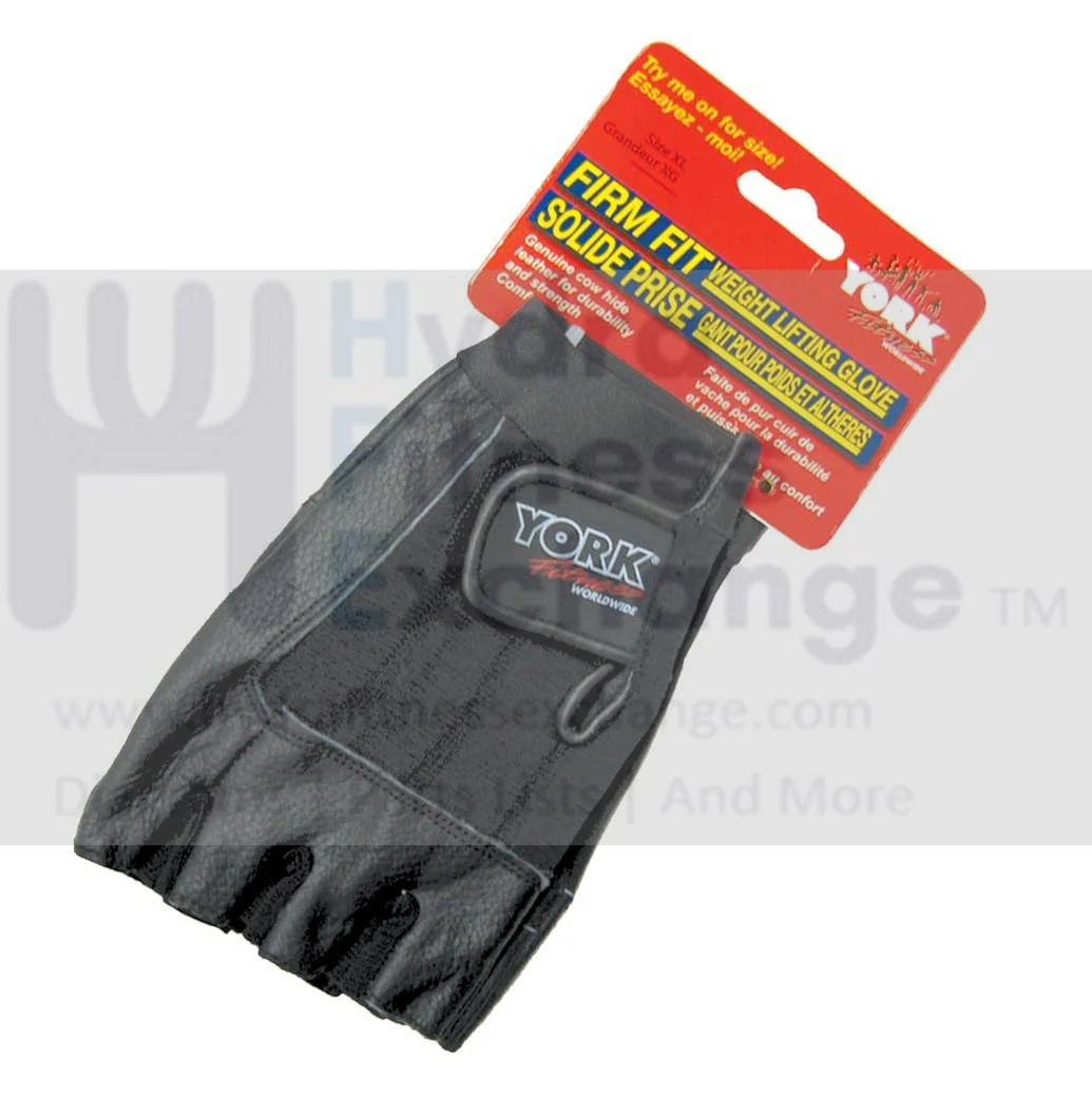 York Barbell Firm Fit Weight Lifting Gloves Pair Set - Black (X-Large) - Fingerless Cow Hide Leather, Spandex Back Elastic Wrist Band with Close strap - Anti-Slip Grip for Weightlifting Training