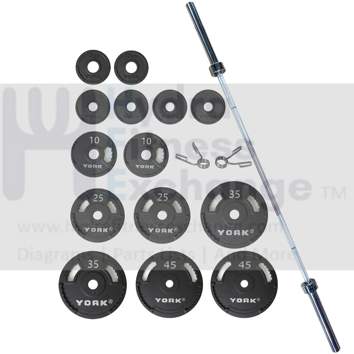 York Barbell G-2 Cast Iron Olympic Weight Plate Set with 7’ North American Steel Olympic Barbell – 300lb Total – Interlocking Plates with Handles – Includes Spring Collars – Home & Commercial Gym