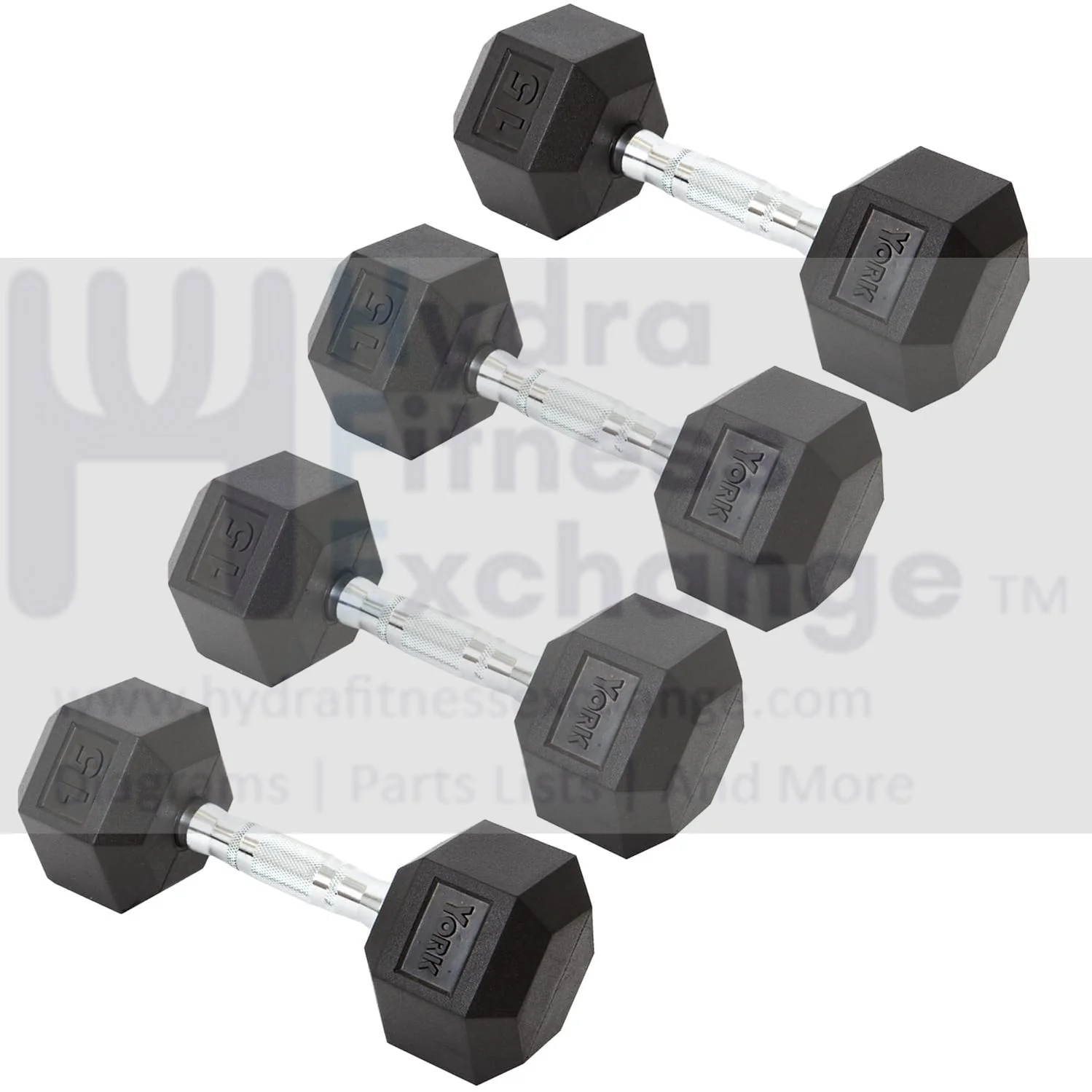 York Barbell Hex Dumbbell Set 15LB Rubber Coated Fixed Weight Dumbbells with Chrome Ergonomic Handle Odorless & Durable for Home Gym Women’s Strength Training Full Body Workouts - Pack of 4