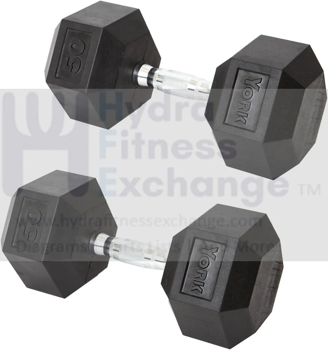 York Barbell Hex Dumbbell Set 50LB Rubber Coated Fixed Weight Dumbbells with Chrome Ergonomic Handle Odorless & Durable for Home Gym Women’s Strength Training Full Body Workouts - Pack of 2