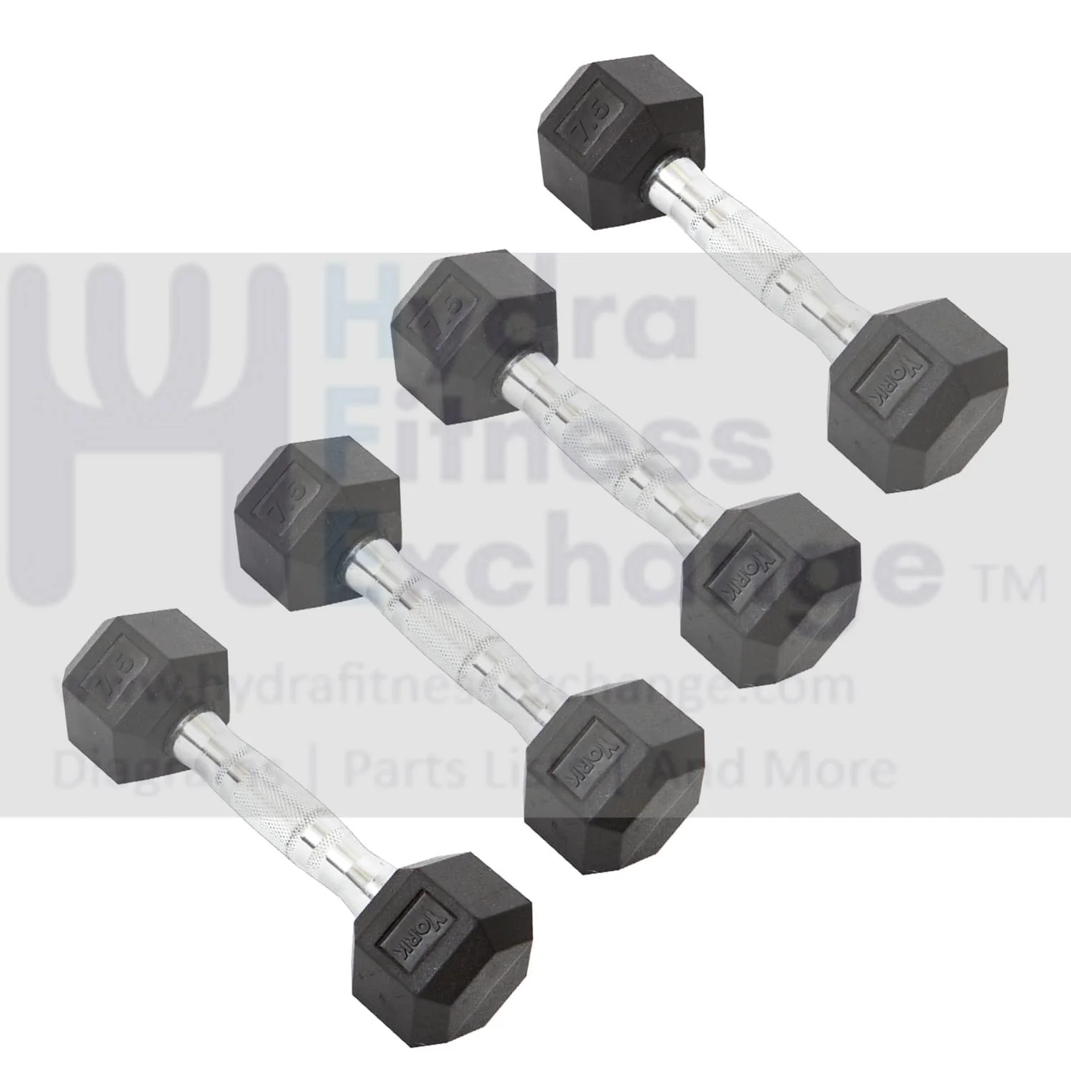York Barbell Hex Dumbbell Set 7.5LB Rubber Coated Fixed Weight Dumbbells with Chrome Ergonomic Handle Odorless & Durable for Home Gym Women’s Strength Training Full Body Workouts - Pack of 4