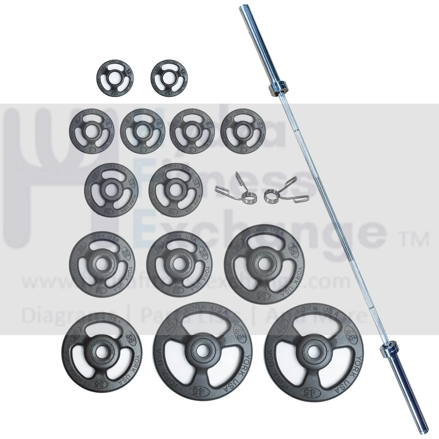 York Barbell ISO-Grip Steel Olympic Plate Set with 7' Barbell & Spring Collars – Anti-Pinch 3-Grip Design, Steel Composite Coating, 1000lb Capacity, Ideal for Home, School, and Commercial Gym