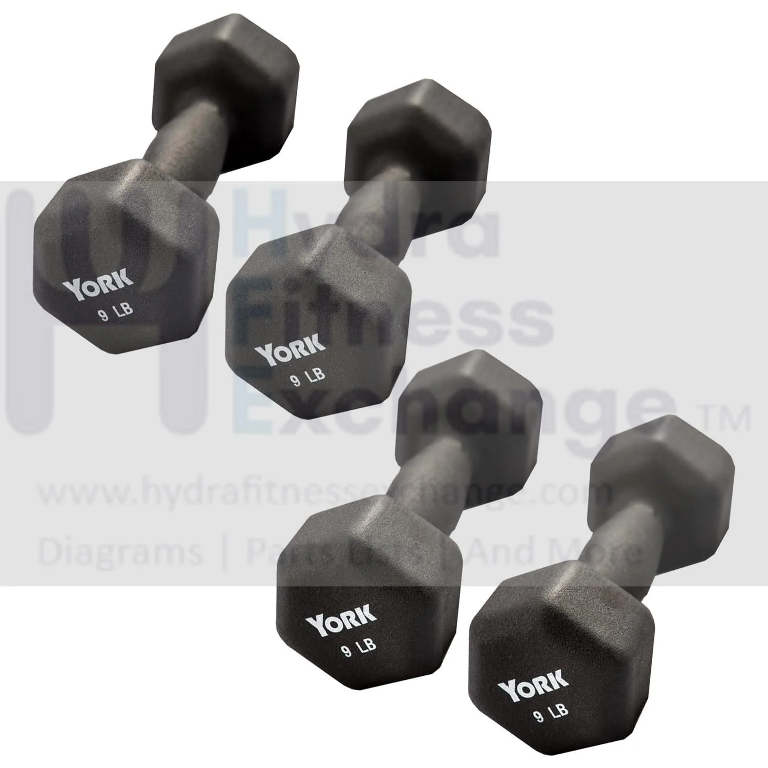 York Barbell Neoprene Hexagon Dumbbells with Cast Ergo Handle (9lb, Pack of 4)