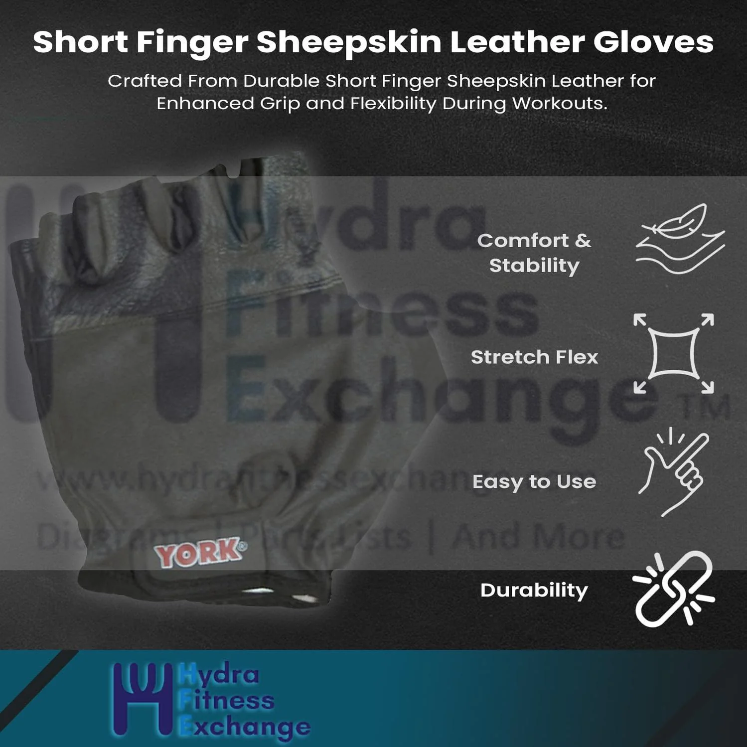 York Barbell Unisex Fitness Size Medium Gloves Pair Set - Short Finger Sheepskin Leather & Lycra Black | Weightlifting, Training, Cycling, Pull-ups, Rowing & Climbing Gym Gloves for Men & Women - Image 6