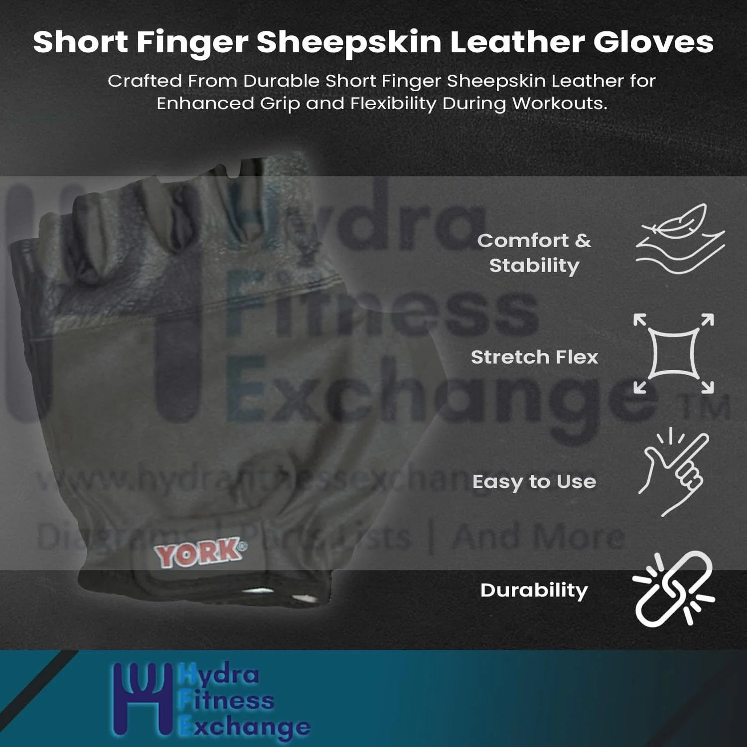 York Barbell Unisex Fitness Small Medium Larg X-Large Gloves Pair Set - Short Finger Sheepskin Leather & Lycra Black Gloves-for Weightlifting, Training, Cycling, Pull-ups Gym, Women & Men - Image 7