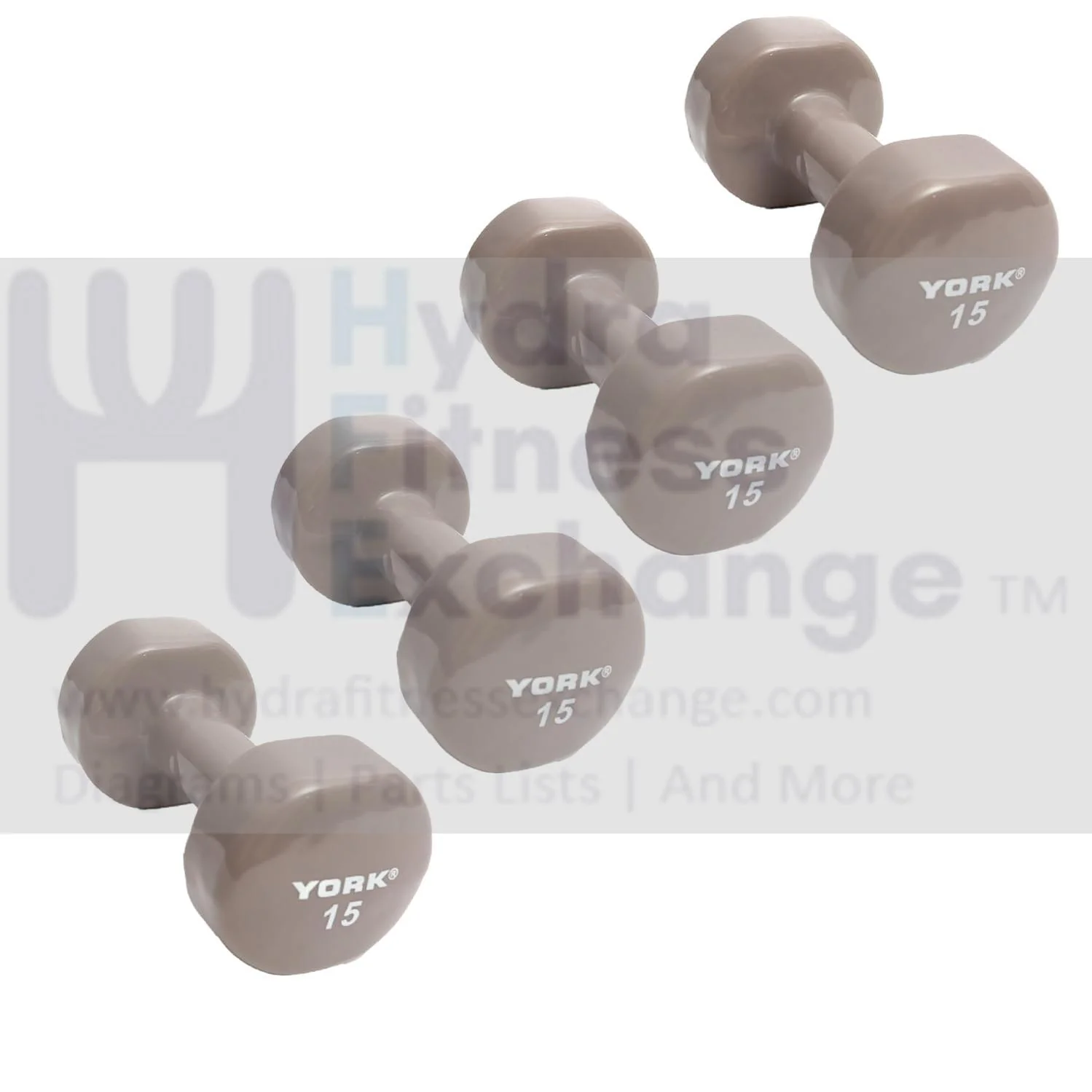 York Barbell Vinyl Coated Fitbell Dumbbell (15LB, Pack of 4) | Durable Anti-Roll Anti-Slip, Color Grey | Ideal for Arm Rows Squats Chest Presses Bicep Curls Walking Jogging & Yoga