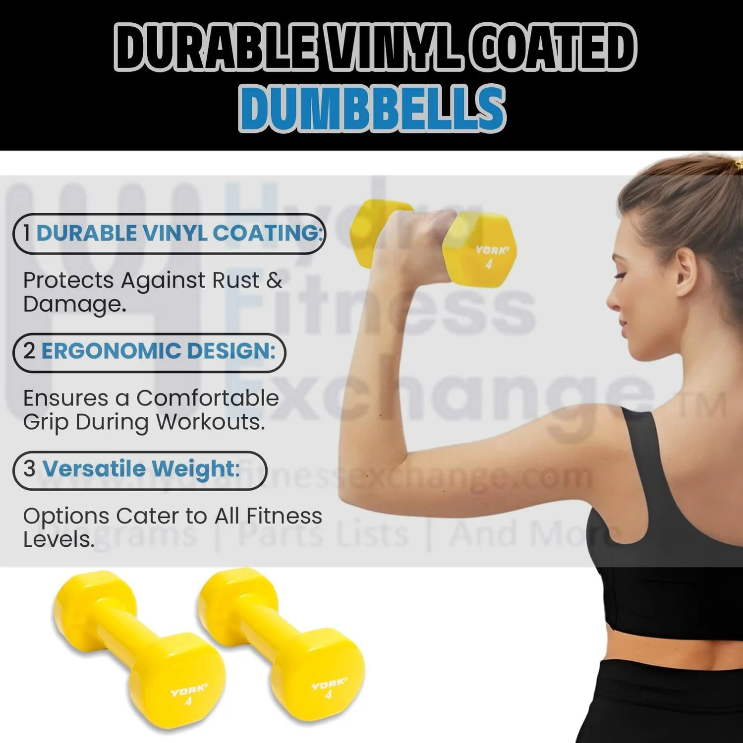 York Barbell Vinyl Coated Fitbell Dumbbell (4LB, Pack of 1) | Durable Anti-Roll Anti-Slip, Color Yellow | Ideal for Arm Rows Squats Chest Presses Bicep Curls Walking Jogging & Yoga - Image 6