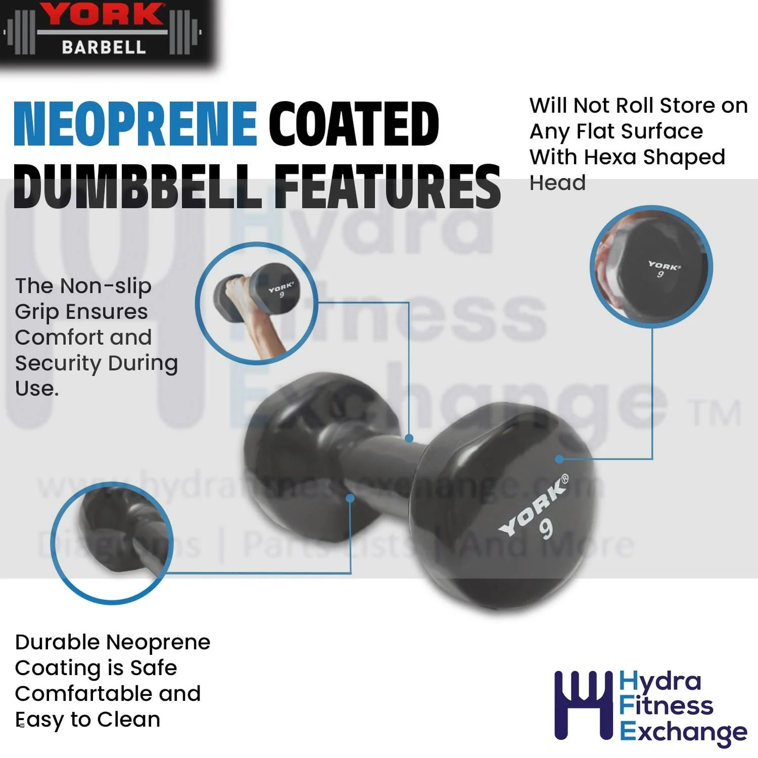 York Barbell Vinyl Coated Fitbell Dumbbell (9LB, Pack of 2) | Durable Anti-Roll Anti-Slip, Color Black | Ideal for Arm Rows Squats Chest Presses Bicep Curls Walking Jogging & Yoga - Image 2